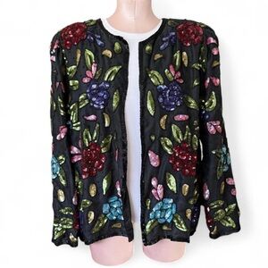Scala Black Sequin Floral Beaded Evening Jacket